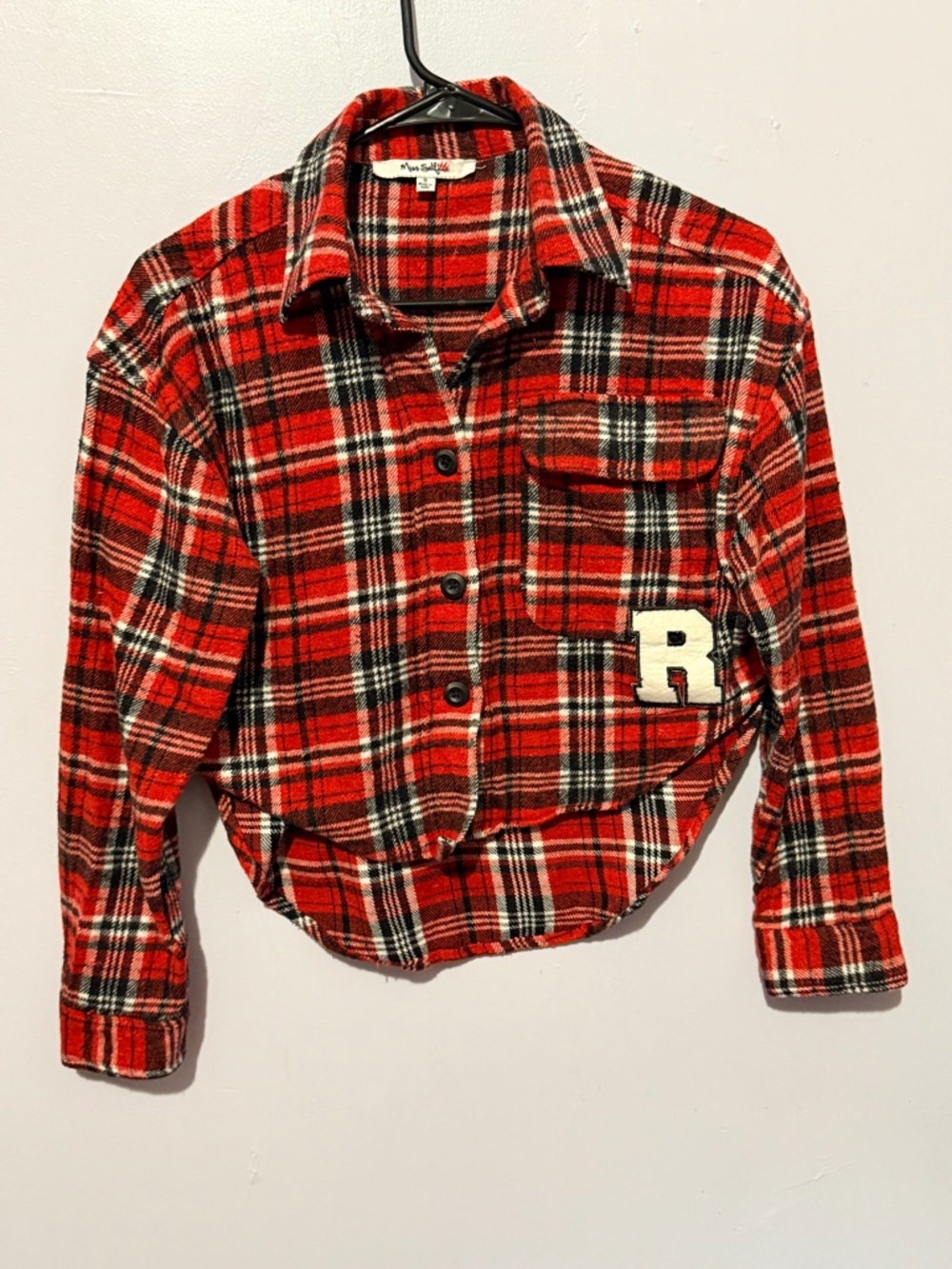 Miss Selfridge Red Plaid Button-Down Shirt with Cream 'R' Patch